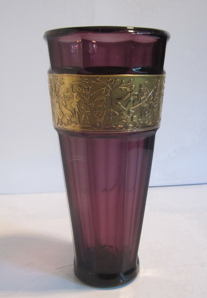Art deco Walther Glass vaas, amethist, gouden fries, ca 1920, Verzenden