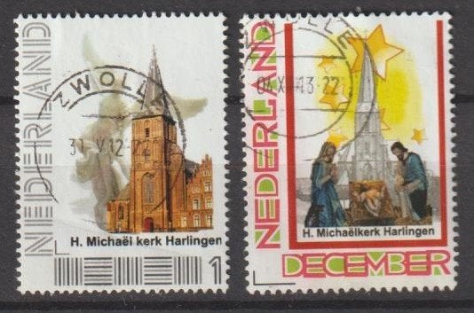 2 versch. Persoonlijke postzegels gestempeld Kerk Harlingen, Verzenden, Na 1940, Gestempeld