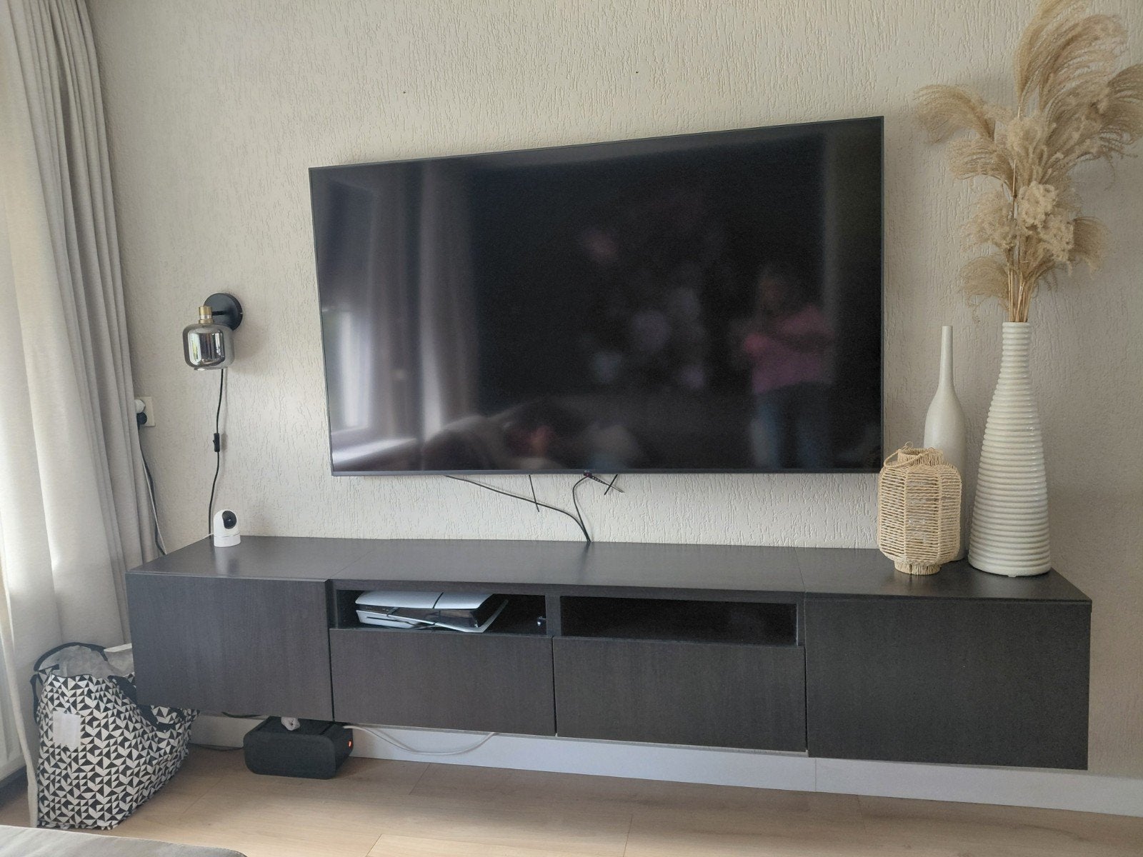 Modern zwart/bruin TV-meubel 240cm met 2 lades en 2 kastjes, Ophalen, Overige materialen, Gebruikt, 200 cm of meer