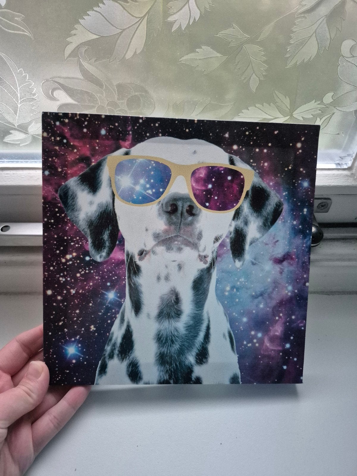 Dalmatiër met zonnebril canvas schilderij galaxy canvas, Ophalen of Verzenden, Zo goed als nieuw, Schilderij