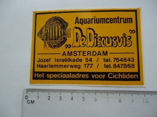 sticker oud Amsterdam Aquarium DISCUSVIS vis cichliden mokum, Verzamelen, Verzenden, Zo goed als nieuw, Bedrijf of Vereniging