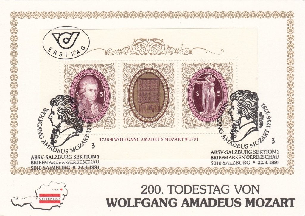 Mozart 200e Sterfdag op kaart Oostenrijk met blok Michel 10, Verzenden, Briefkaart