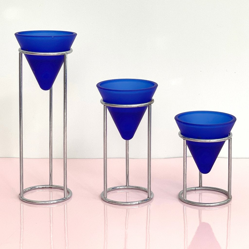 vintage 80’s KANDELAREN glas metaal PostModern Memphis stijl, 19 cm, Gebruikt, -, Blauw