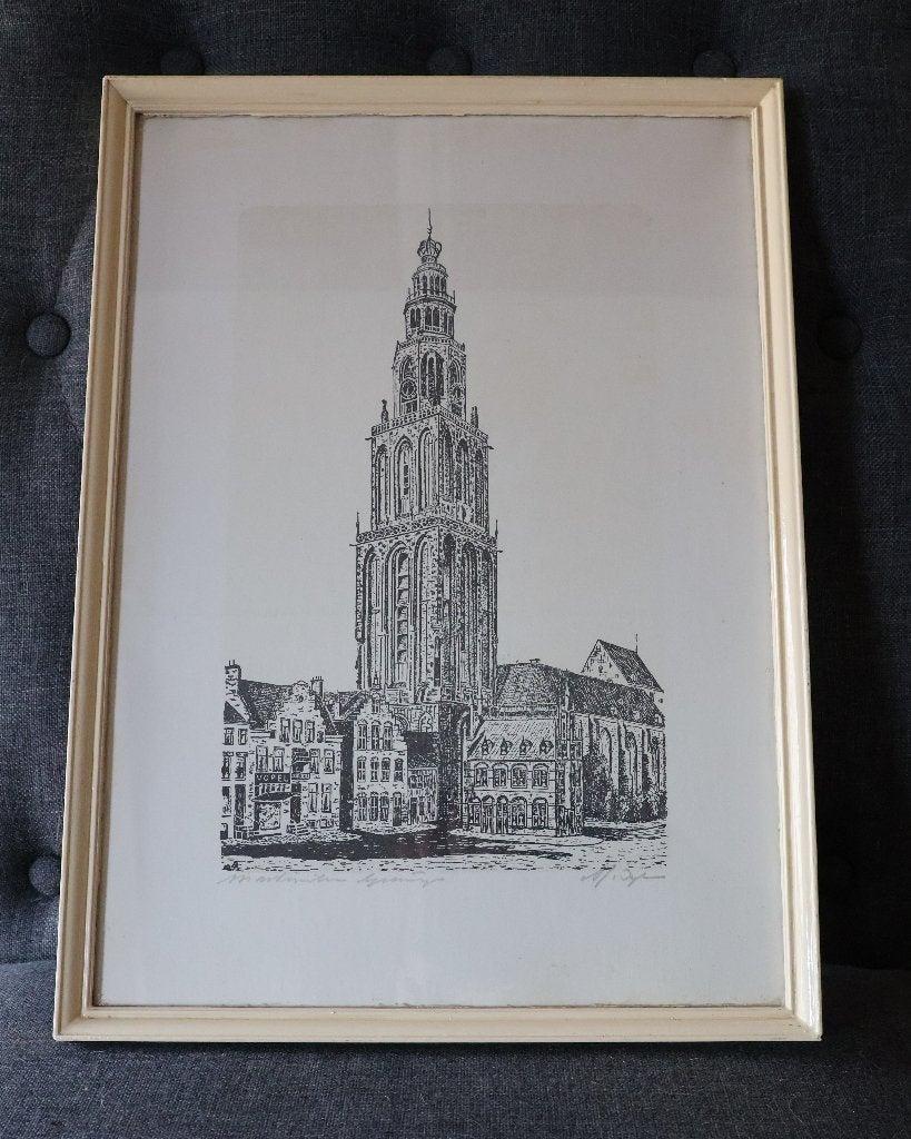 Oude prent / afbeelding van de Martinitoren in Groningen, 1960 tot 1980, Gebruikt, Ophalen of Verzenden, Prent
