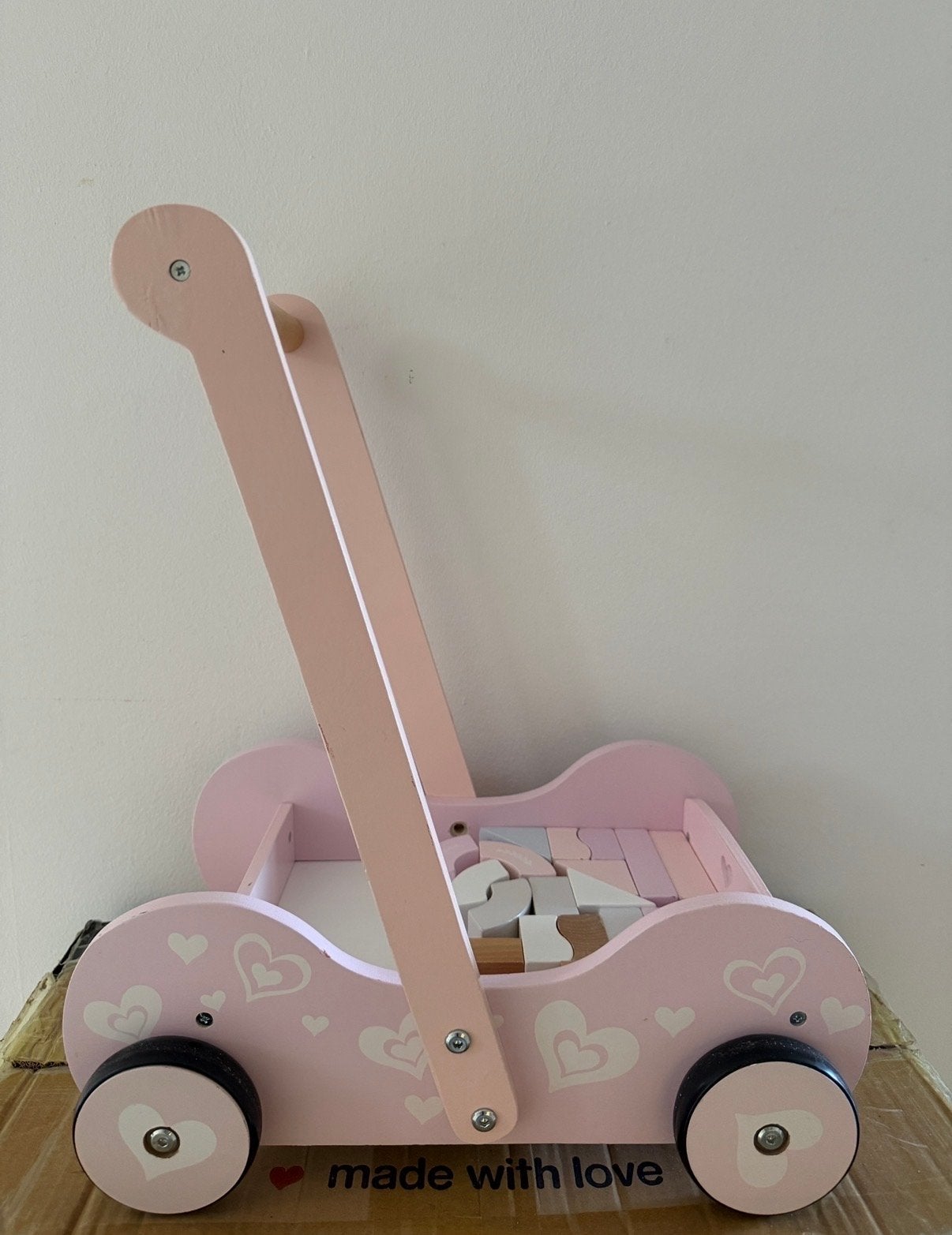 Roze houten loopwagen met blokken (niet compleet), Ophalen, Gebruikt, Overige typen, Met wieltjes