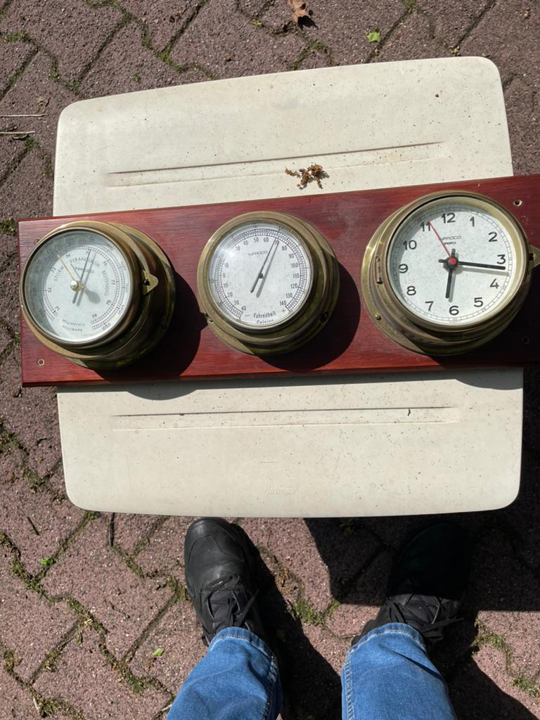 Koperen Klok, Barometer en Thermometer op Houten Plaat, Ophalen of Verzenden, Gebruikt, Weerstation