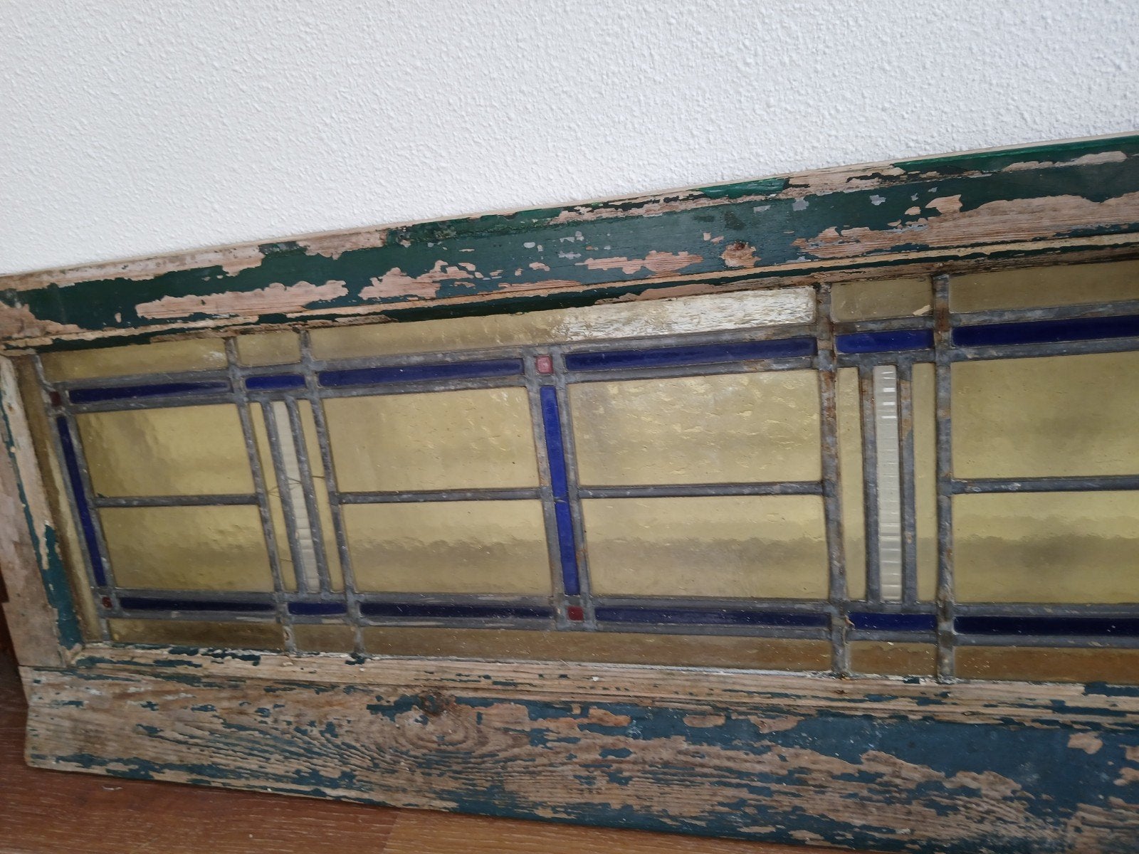 Glas in lood raam - 130x36 cm met houten frame, Ophalen, Gevelraam of Ruit, Gebruikt, Minder dan 80 cm