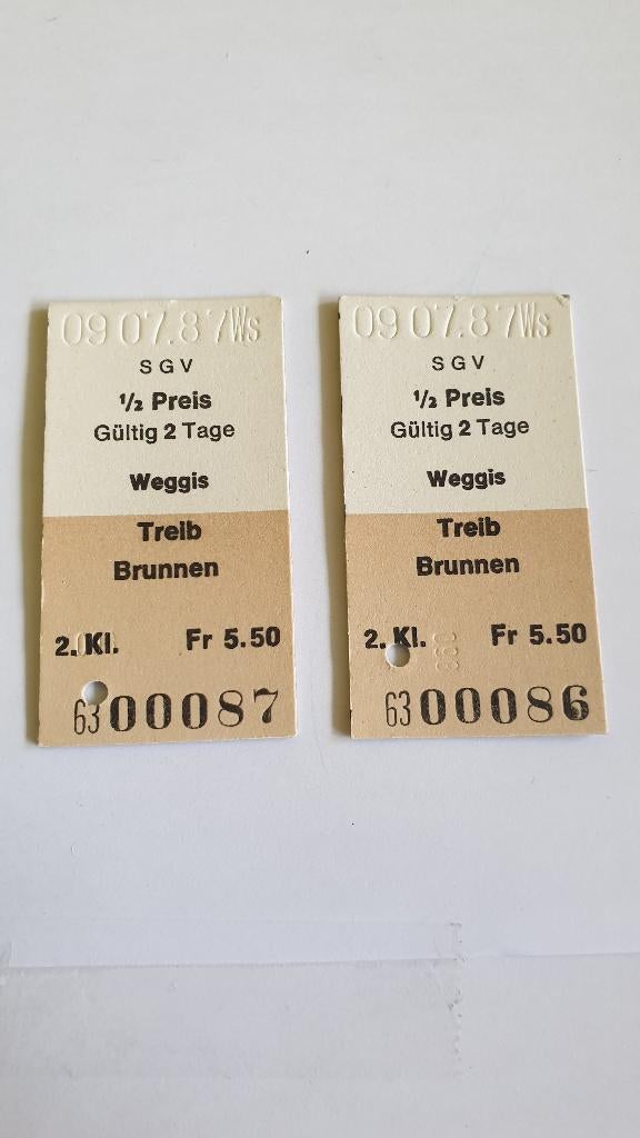 1467 zwitserland 9-7-87 weggis - treib brunnen 2 tickets, Verzenden, Tram, Overige typen