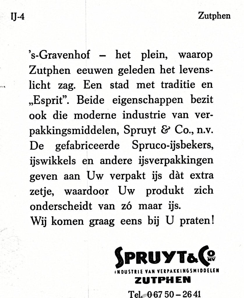 984416	Zutphen	1958 's Gravenhof Reclame Spruco ijsbekers, Ophalen of Verzenden, 1940 tot 1960, Gelopen, Gelderland