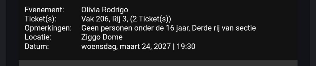 Olivia rodrigo kaarten ziggodome 24 maart 2027, Tickets en Kaartjes, Twee personen