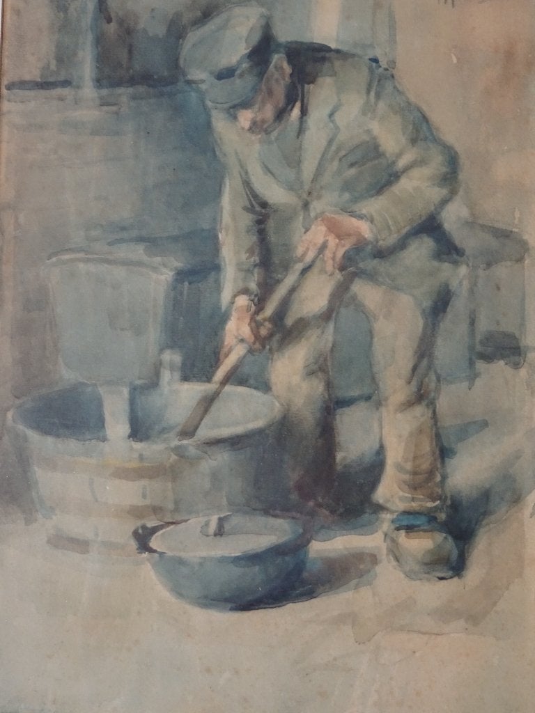aquarel karnende boer bij boerderij, PM van Walcheren 1910, Antiek en Kunst, Kunst | Schilderijen | Klassiek, Verzenden, Portret of Personen