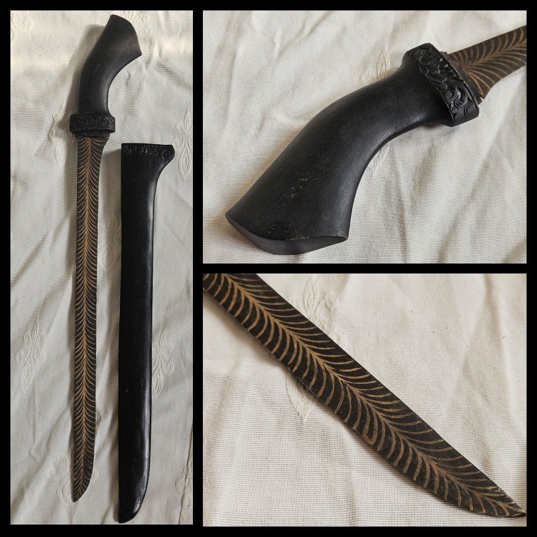 grote Javaanse Klewang met palmblad pamor 68 cm!, Hout, Wapen, Indonesië, Handgemaakt
