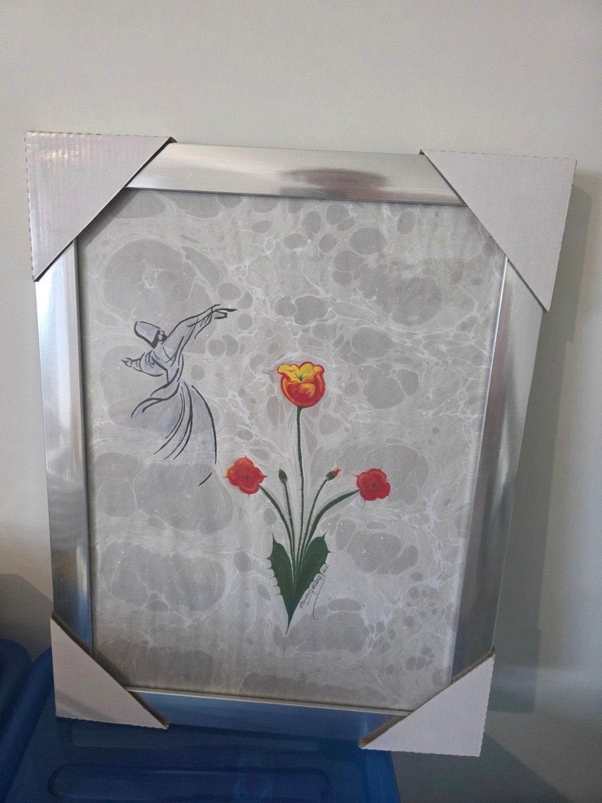 Ingelijste Ebru Kunst: Derwisj en Tulpen, Ophalen of Verzenden