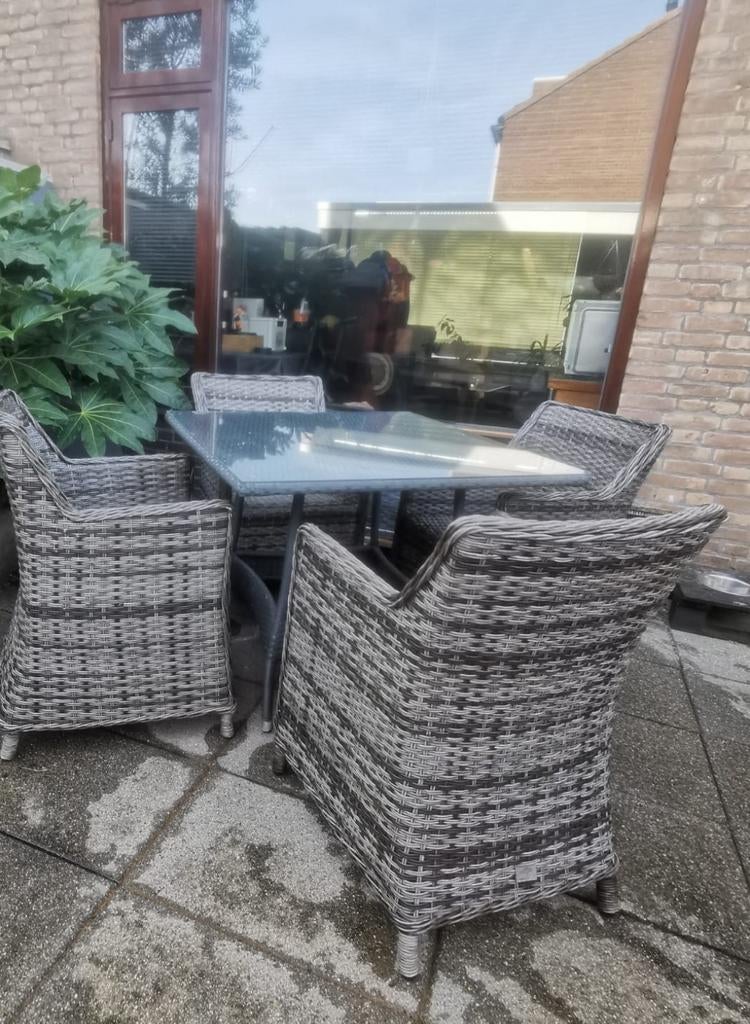 Tuinset bois le duc met glazen tafel en 4 stoelen, Tuin en Terras, Ophalen, 4 zitplaatsen, Zo goed als nieuw, Wicker