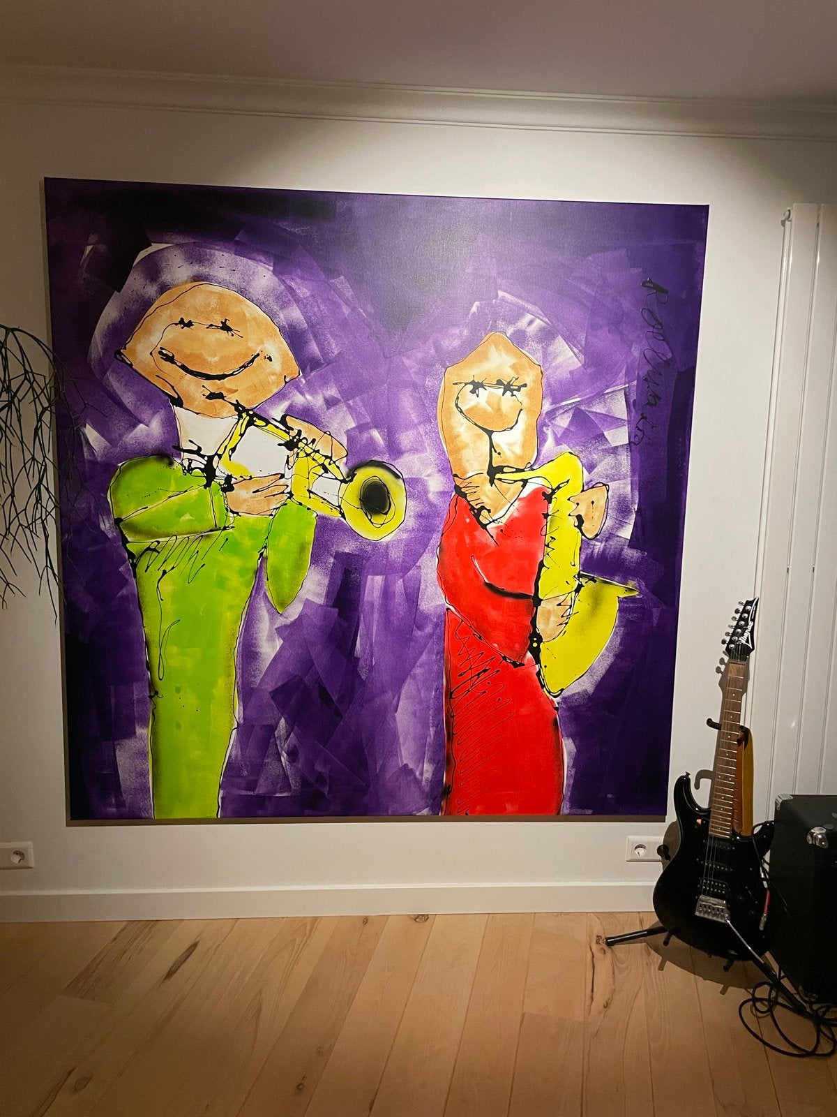 Modern Schilderij: Vrolijke Muzikanten op Paarse Achtergrond, Ophalen, Handgeschilderd, Textiel, Figuren