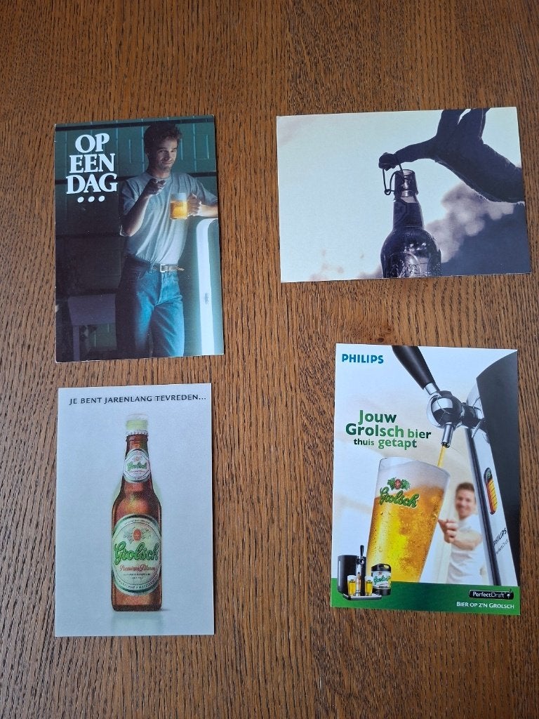 Grolsch 4 x ansichtkaart, 1 met oud naar nieuwe fles, Ophalen of Verzenden, Zo goed als nieuw, Overige typen, Grolsch