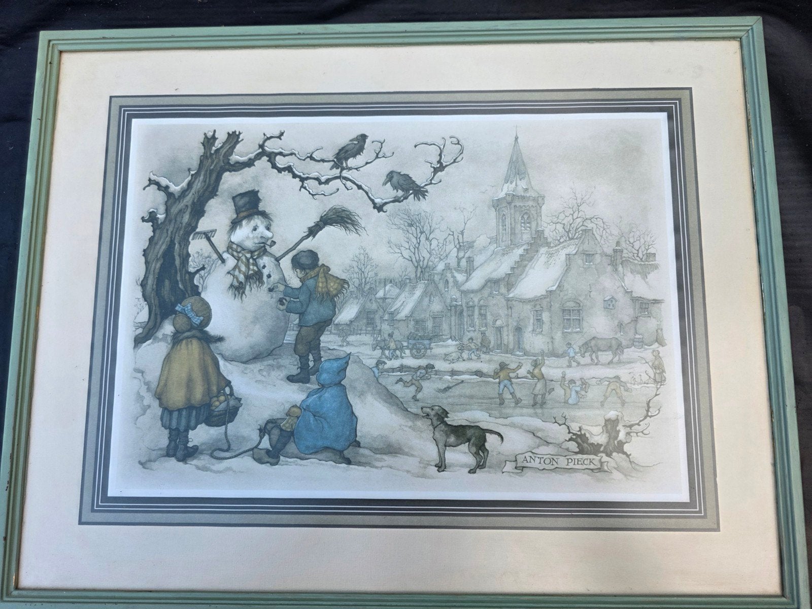 Anton Pieck Prent Wintertafereel met Sneeuwpop en Schaatsers, Antiek en Kunst, Ophalen of Verzenden