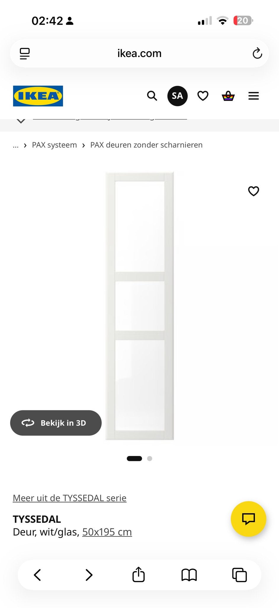 Ikea Pax Tyssedal Deur wit/glas 50x195 cm (Nieuw), Minder dan 50 cm, Nieuw, Ophalen of Verzenden, Glas