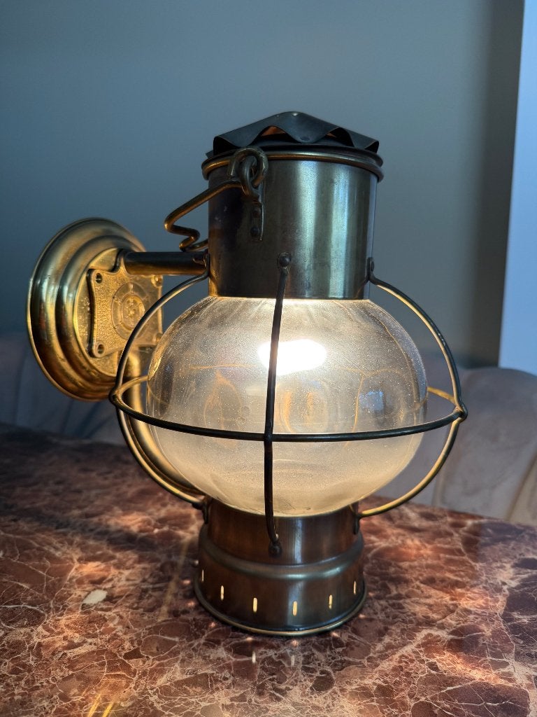 Messing scheepslamp wandlamp goud, Gebruikt, Glas, Met schakelaar, Goud