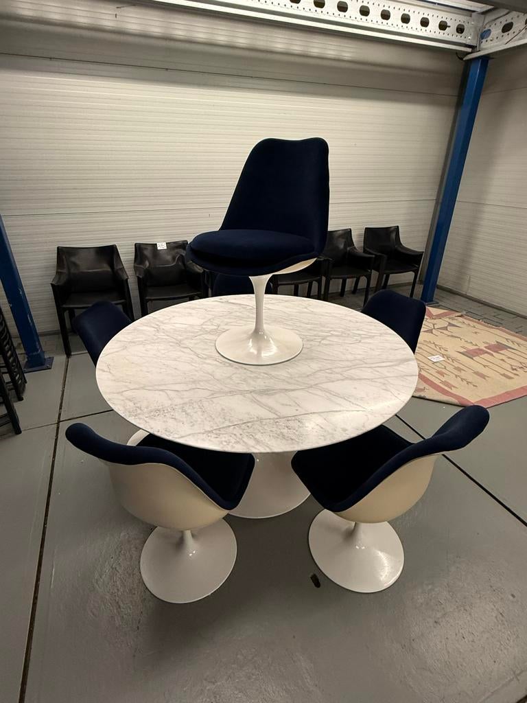 Vintage 1970 Saarinen marmeren tafel met 6 Knoll stoelen, Huis en Inrichting, Tafels | Eettafels, Ophalen, Rechthoekig, 100 tot 150 cm