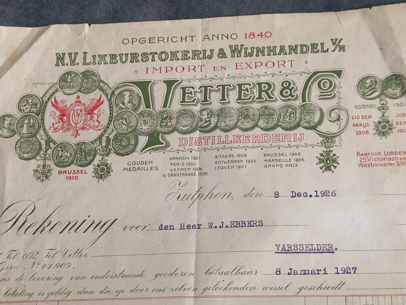1927,  NOTA VETTERS & CO., ZUTPHEN, N.V. LIKEURSTOKERIJ, Verzamelen, Ophalen of Verzenden, Gebruikt, Overige typen