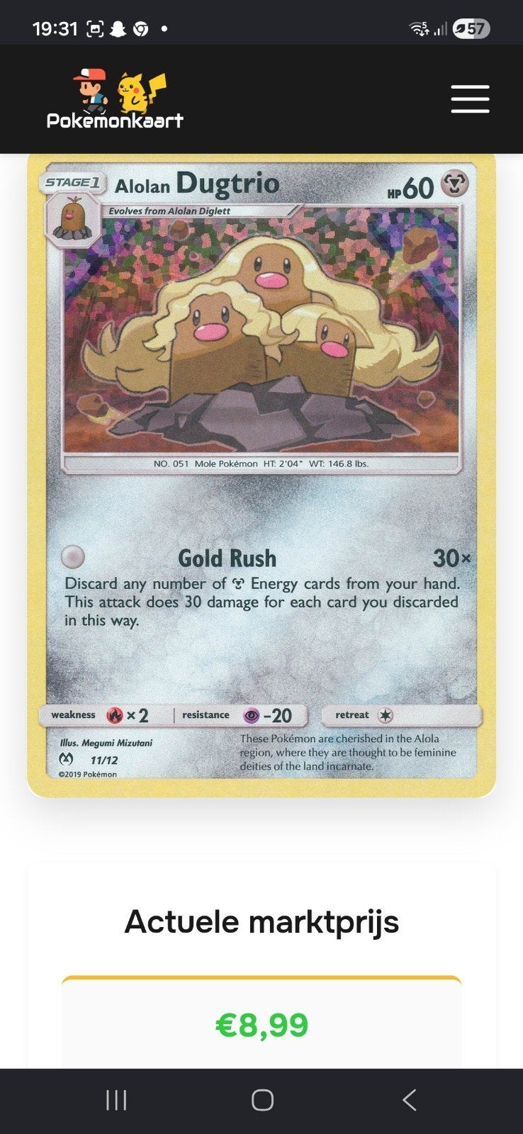 Alolan Dugtrio Pokémonkaart - Zeldzaam en in goede staat, Ophalen of Verzenden, Zo goed als nieuw, Losse kaart