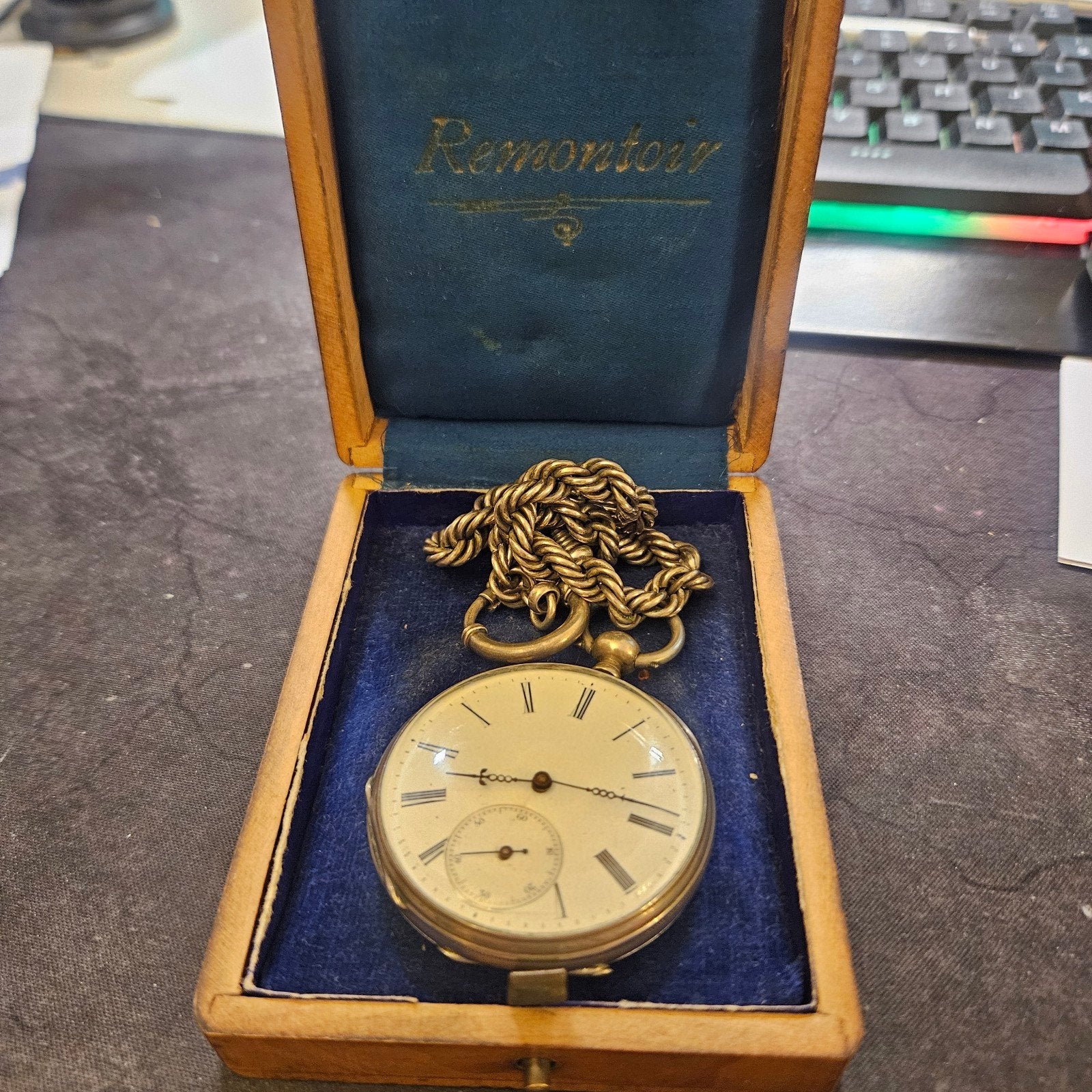 Antiek Remontoir Zakhorloge met Ketting in Houten Doos, Overige merken, Zakhorloge, Ophalen of Verzenden, Met ketting