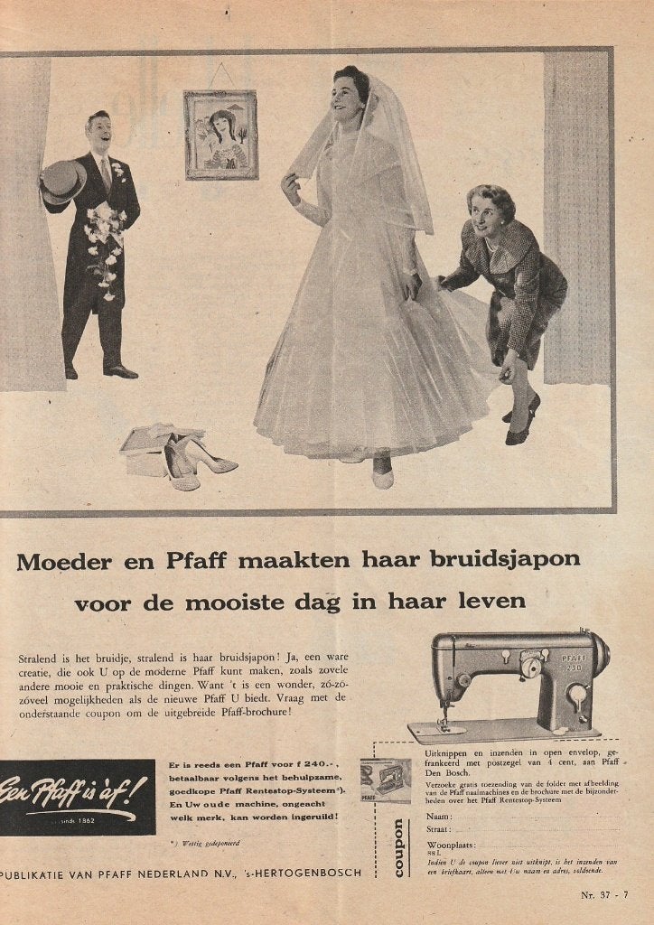 Retro reclame 1958 Pfaff naaimachine maak 'n bruidsjurk, Verzenden, Overige typen