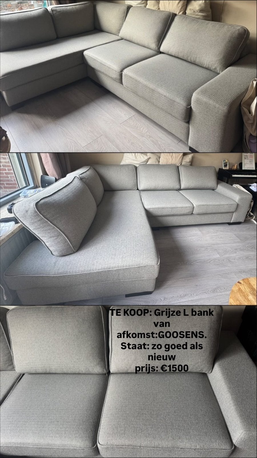 Grijze L bank, Ophalen, Zo goed als nieuw, 75 tot 100 cm, Kunststof