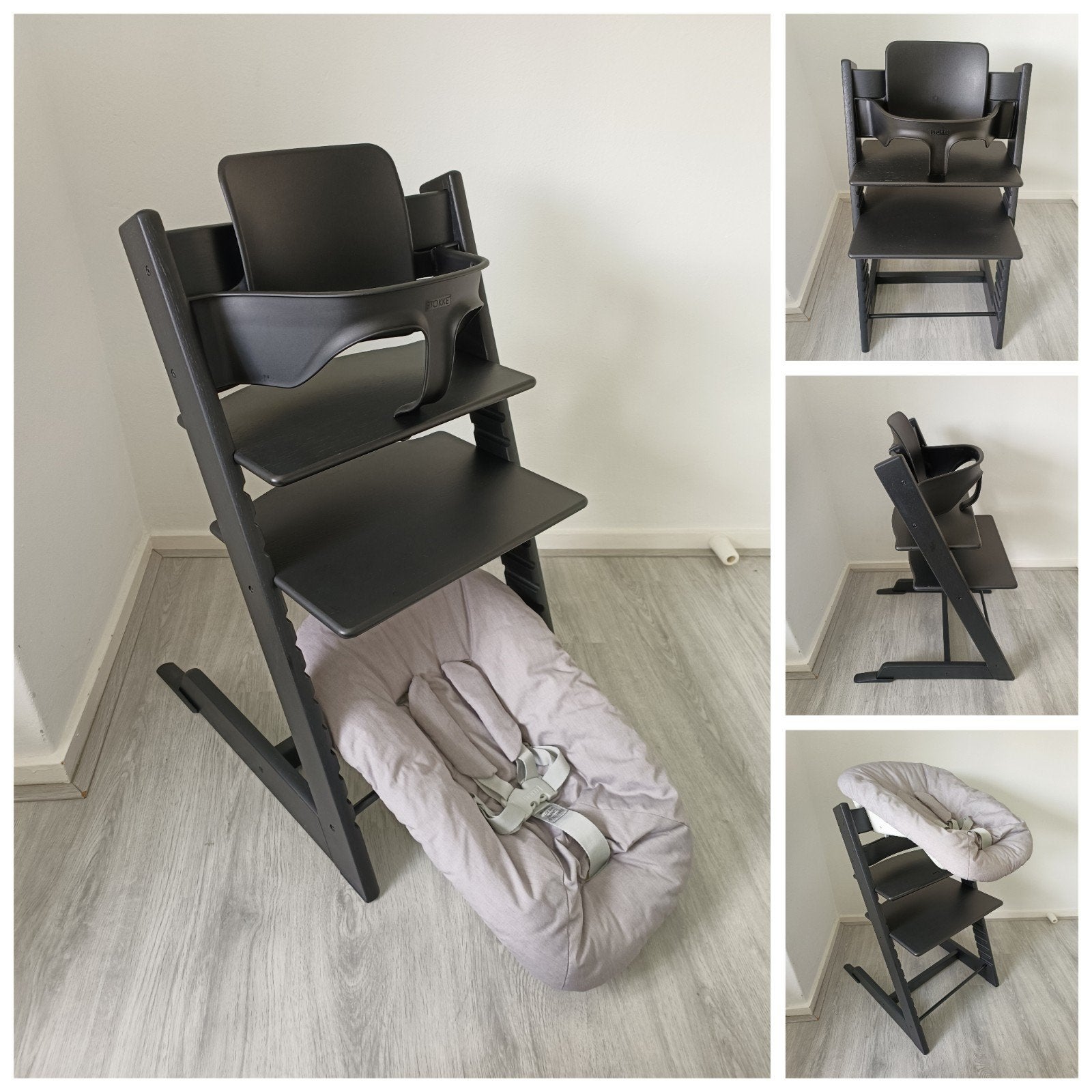 ZGAN! Stokke Tripp Trapp black oak+babyset,2 standen newborn, Meegroeistoel, Ophalen of Verzenden, Zo goed als nieuw, Stokke Tripp Trapp