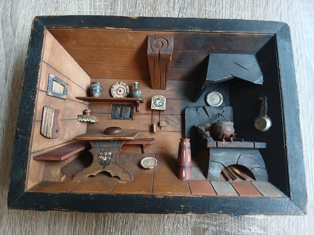 Vintage 3D Hout Kijkkast Diorama Miniatuur Keuken Erzgebirge, Ophalen of Verzenden