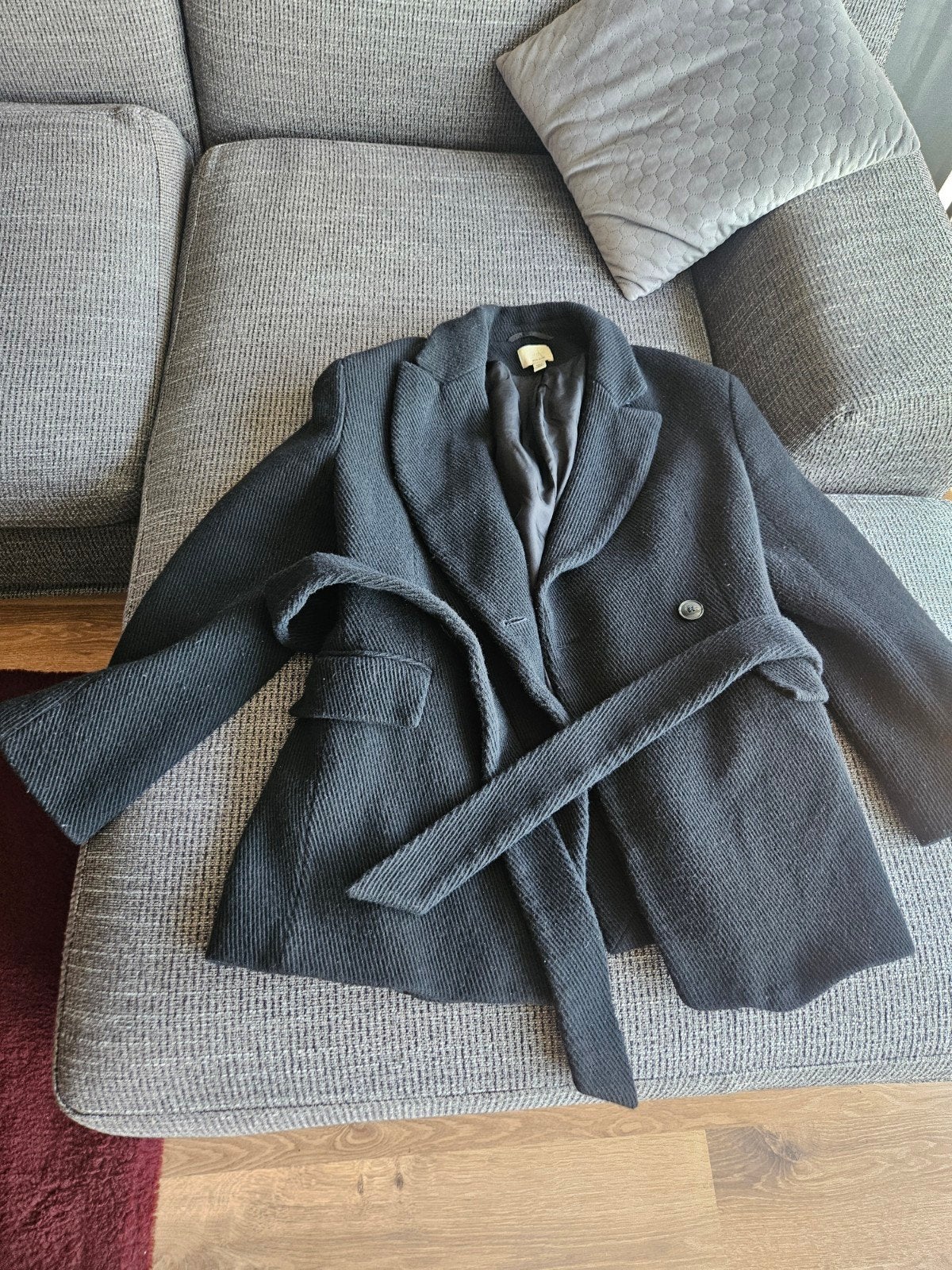 Elegante zwarte H&M Wool Blend jas met ceintuur, maat M, Verzenden