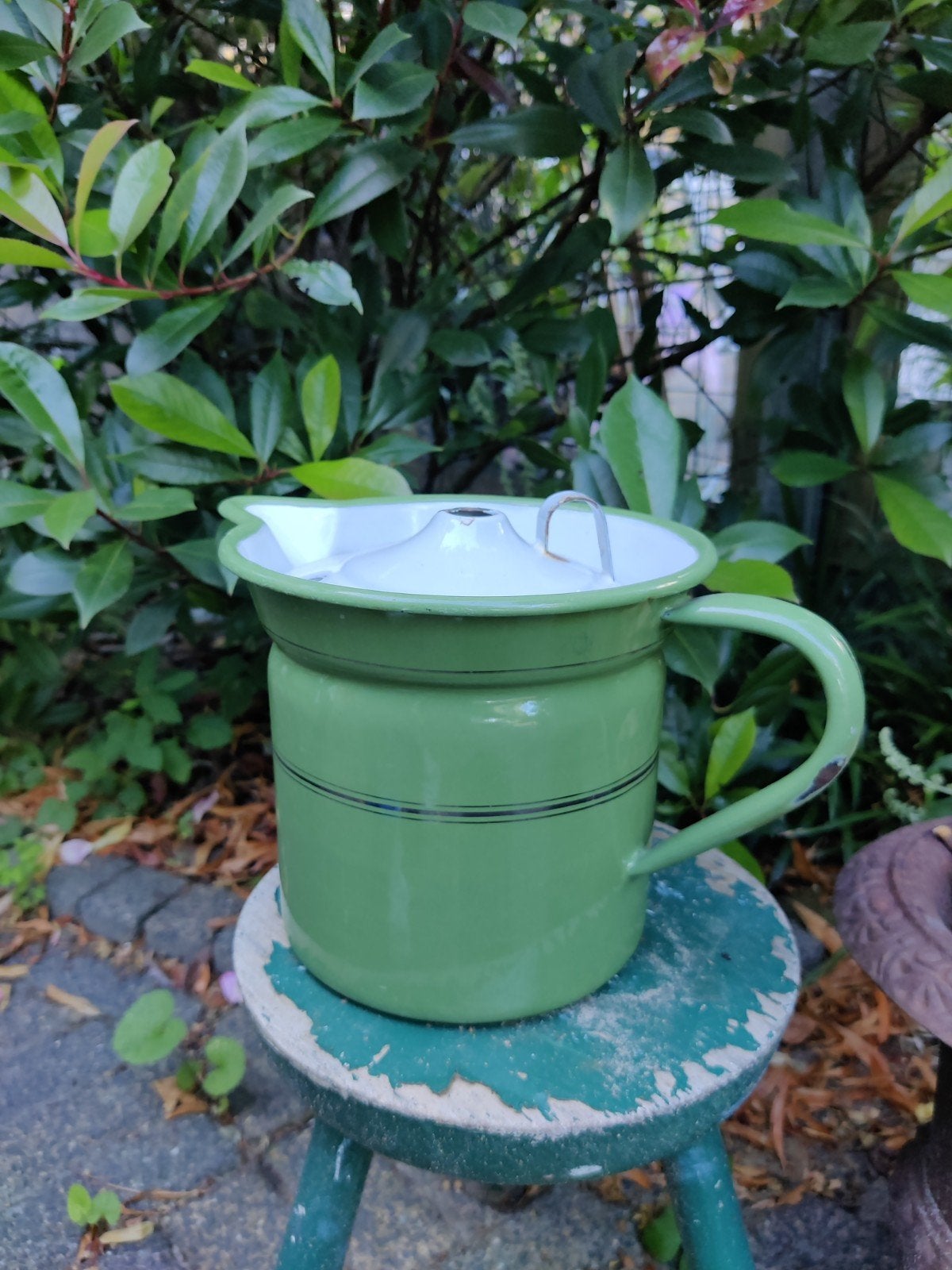 Vintage Groene Emaille Koffiekan met Filter, Ophalen of Verzenden