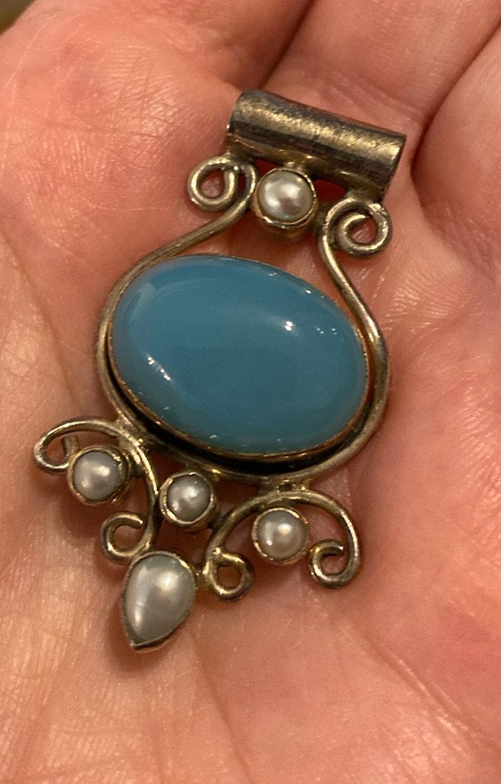 925 zilveren hanger met chalcedoon steen en parels, Verzenden, Nieuw, Blauw, Zilver
