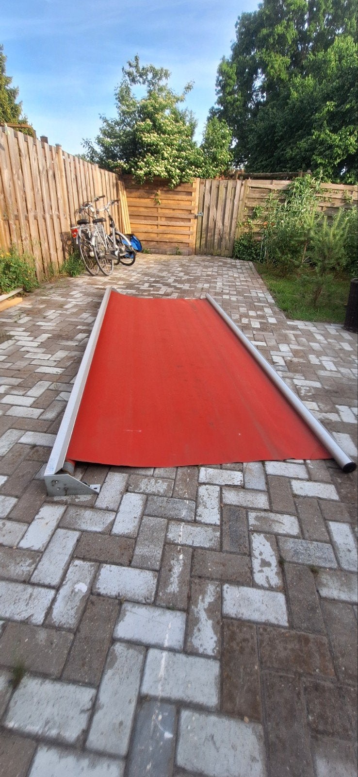 Zonnescherm Buitink, rood, 340 cm breed, Gebruikt, Overige typen, Ophalen of Verzenden, 150 tot 300 cm