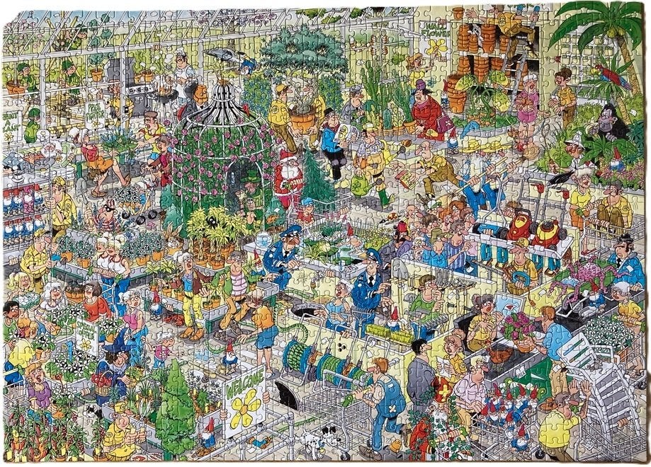 PUZZEL JAN VAN HAASTEREN HET TUINCENTRUM 1000 STUKJES, Ophalen of Verzenden, 500 t/m 1500 stukjes, Zo goed als nieuw, Legpuzzel