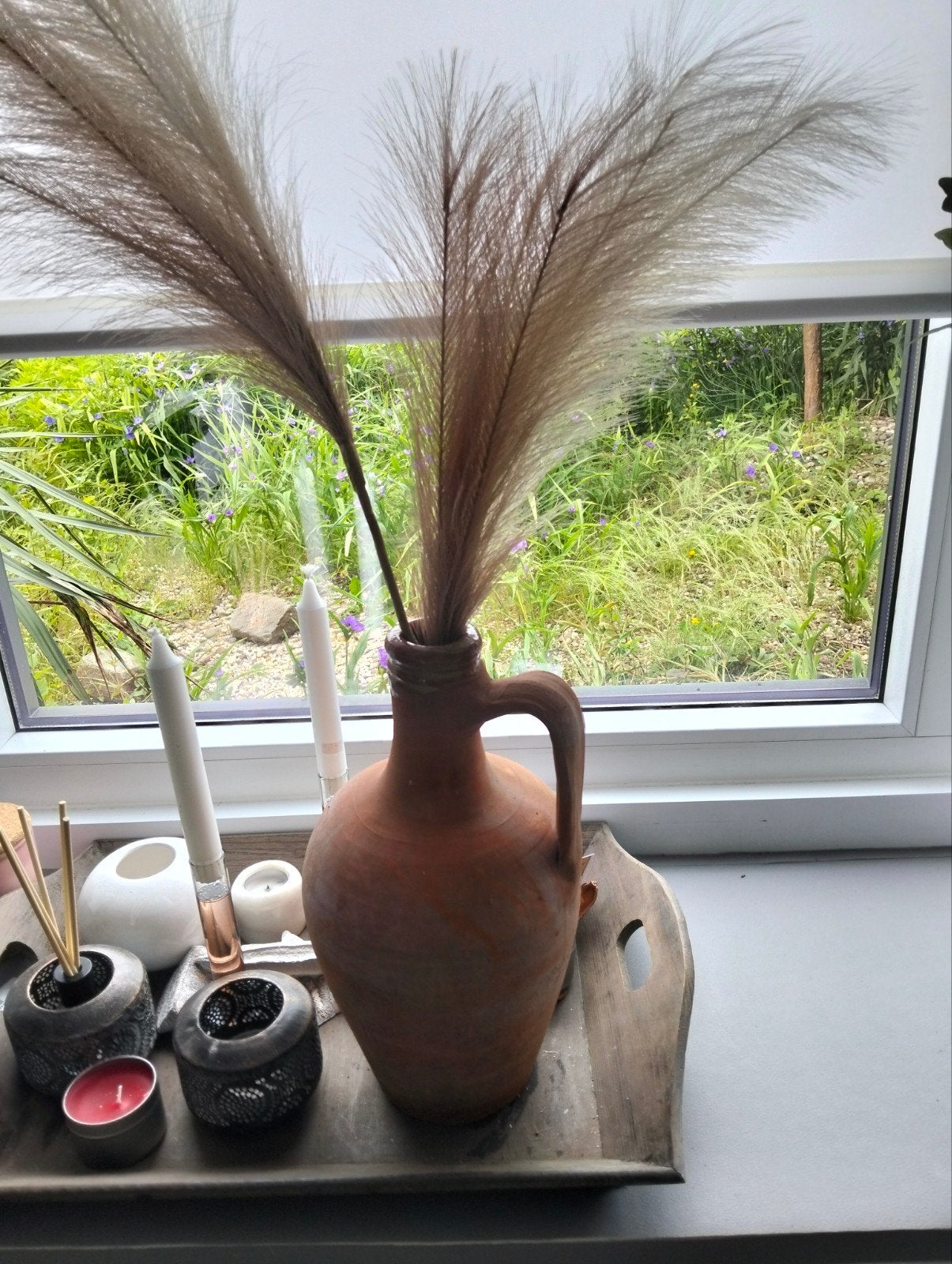 Decoratieve kruik met pluimen, Ophalen of Verzenden