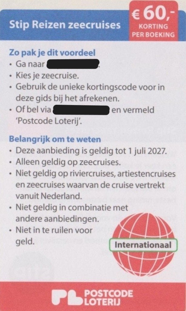 Stip Reizen. € 60,- korting per boeking op zeecruises., Drie personen of meer, Kortingsbon