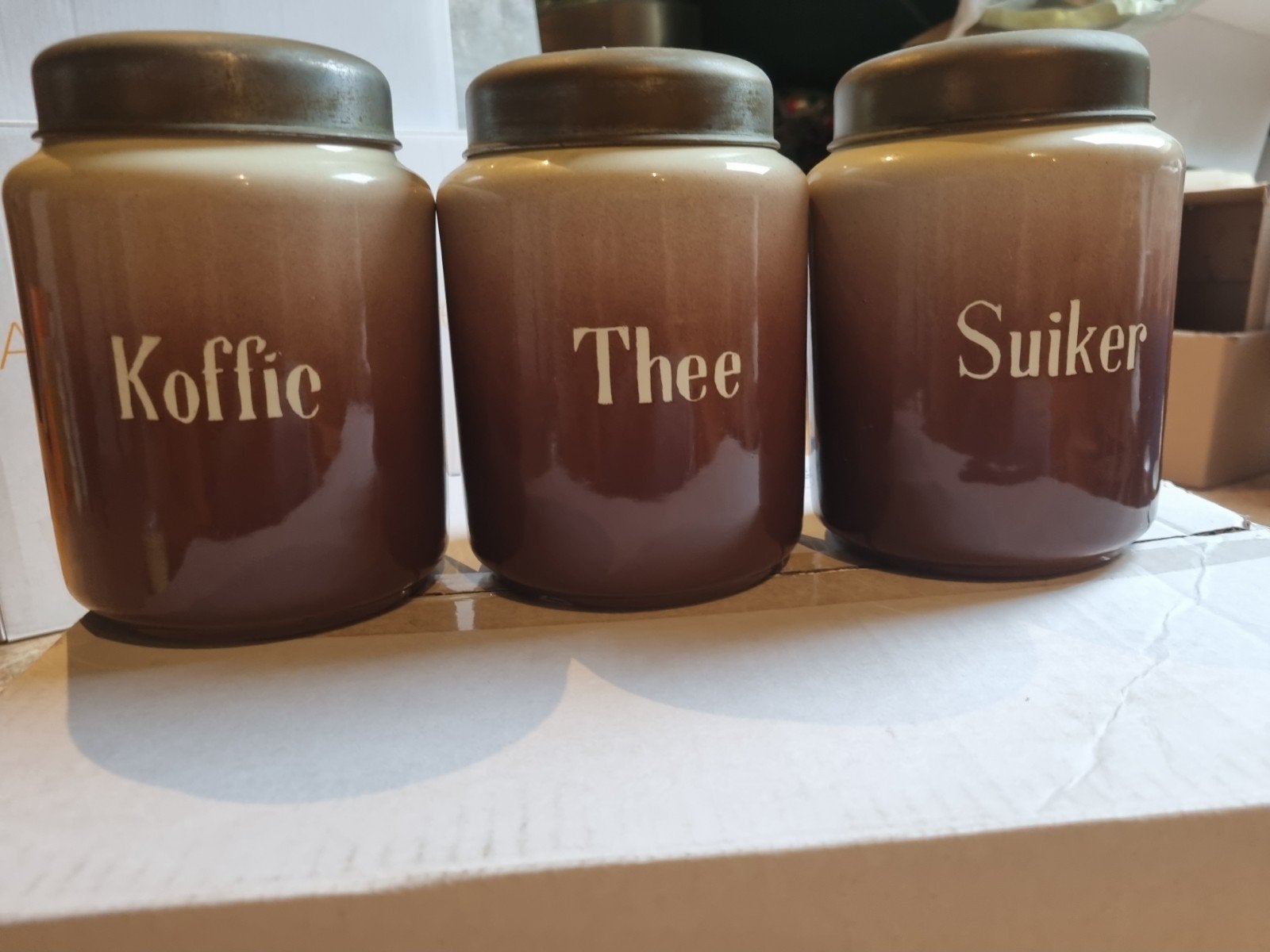 Vintage voorraadpotten: Koffie, Thee, Suiker, Verzenden