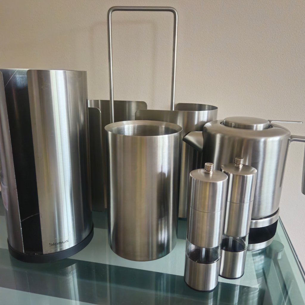 Set RVS woonaccessoires (Blomus-design) -  5 stuks, Huis en Inrichting, Ophalen, Overige typen, Zilver, Zo goed als nieuw