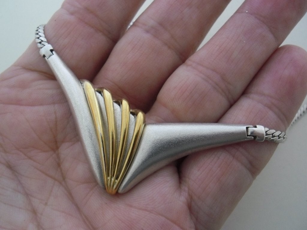 zilveren ketting met grote hanger met verguld deel [404], Verstelbaar, Verzenden, Zo goed als nieuw, Zilver