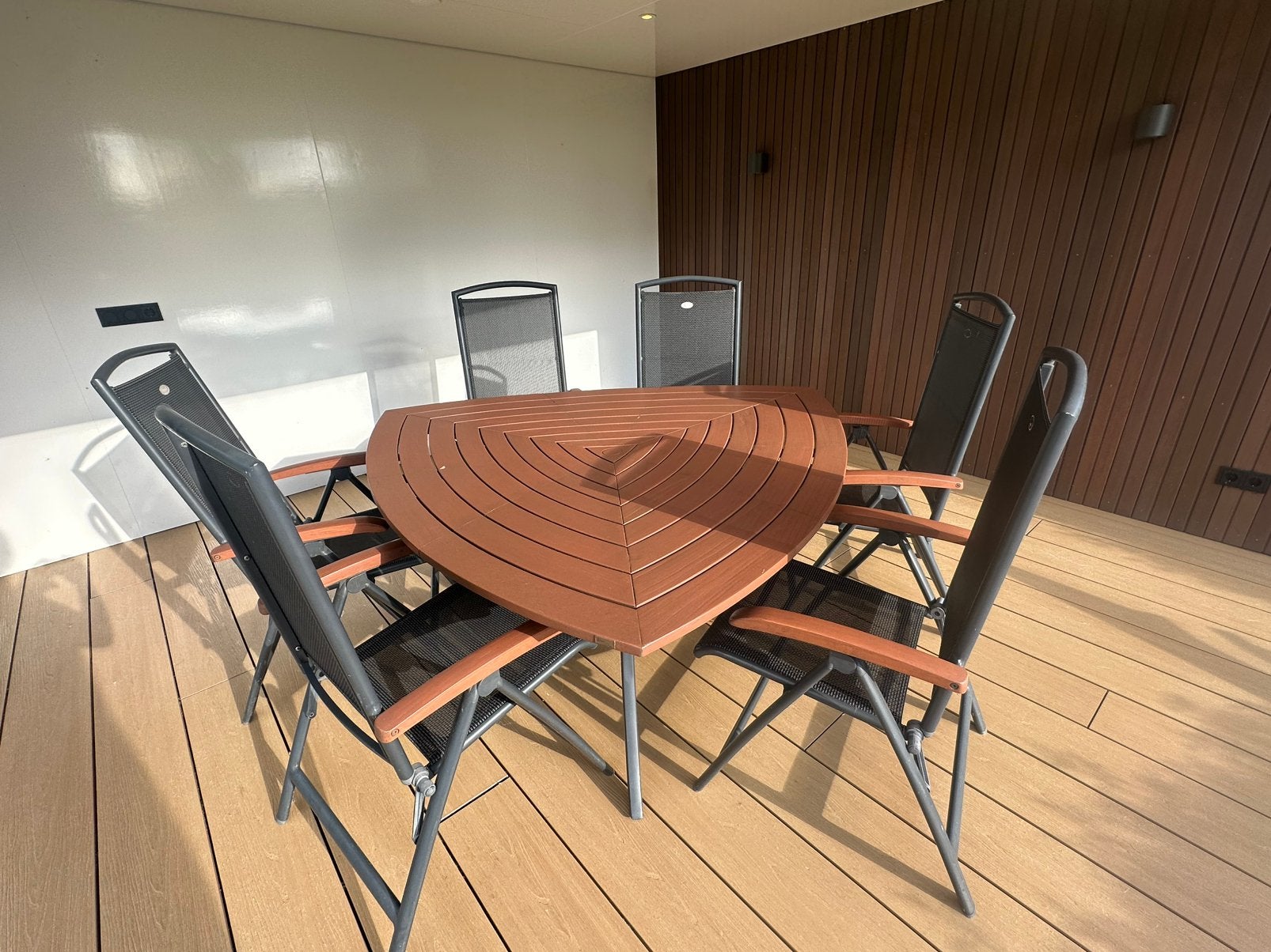 Hartman tuinset (Troy) met 6 stoelen en kussens, Tuin en Terras, Tuinsets en Loungesets, Ophalen, Gebruikt, 6 zitplaatsen, Teakhout