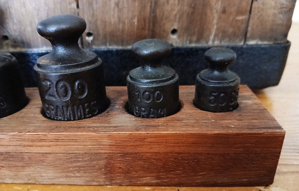 Houten blok weegschaal gewichten set antiek, Antiek en Kunst, Ophalen of Verzenden