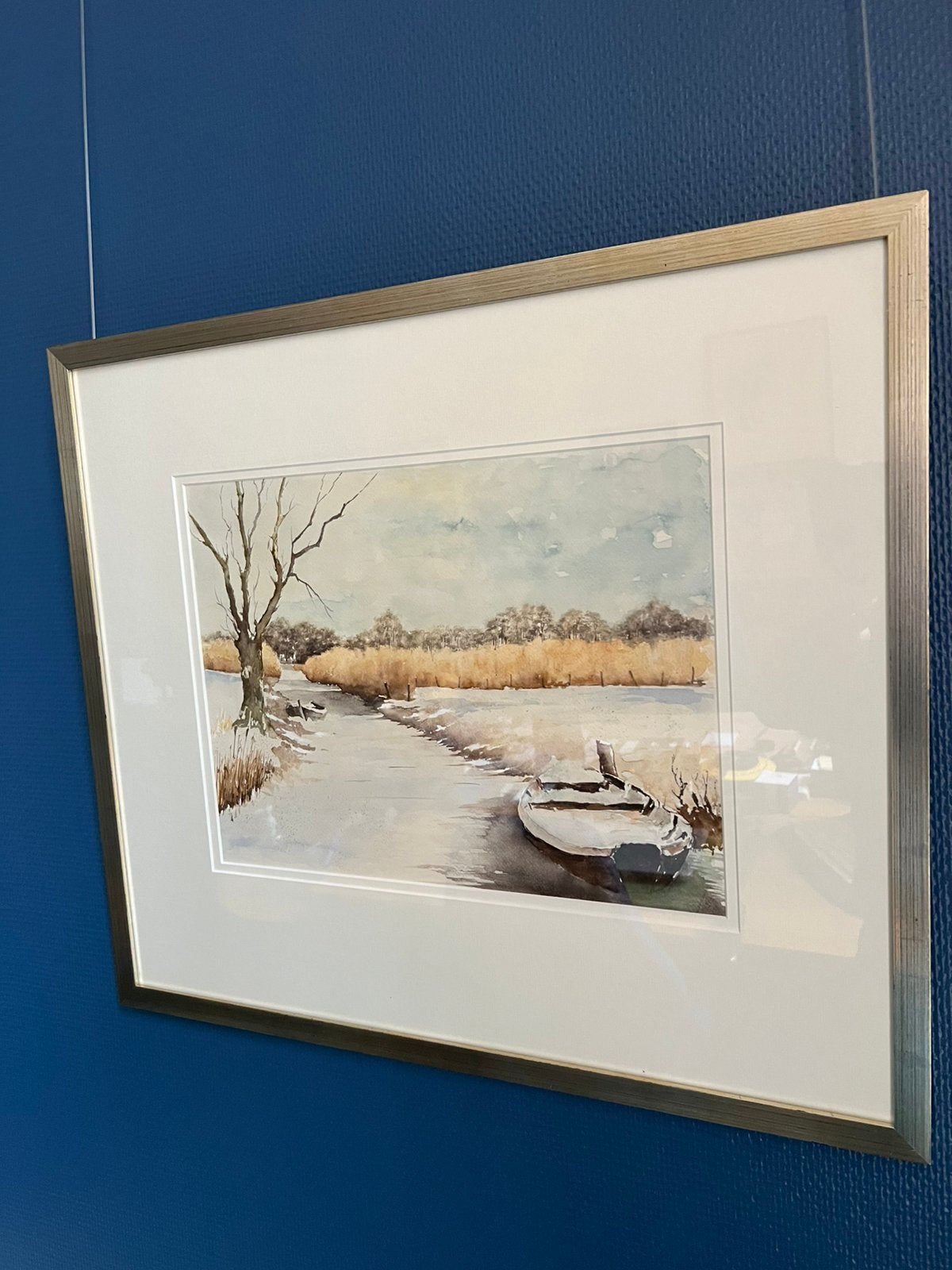 Schilderij Aquarel WINTERLANDSCHAP GIETHOORN Bootjes Riet ed, Huis en Inrichting, Ophalen, 50 – 75, Oorspronkelijke maker, Zo goed als nieuw
