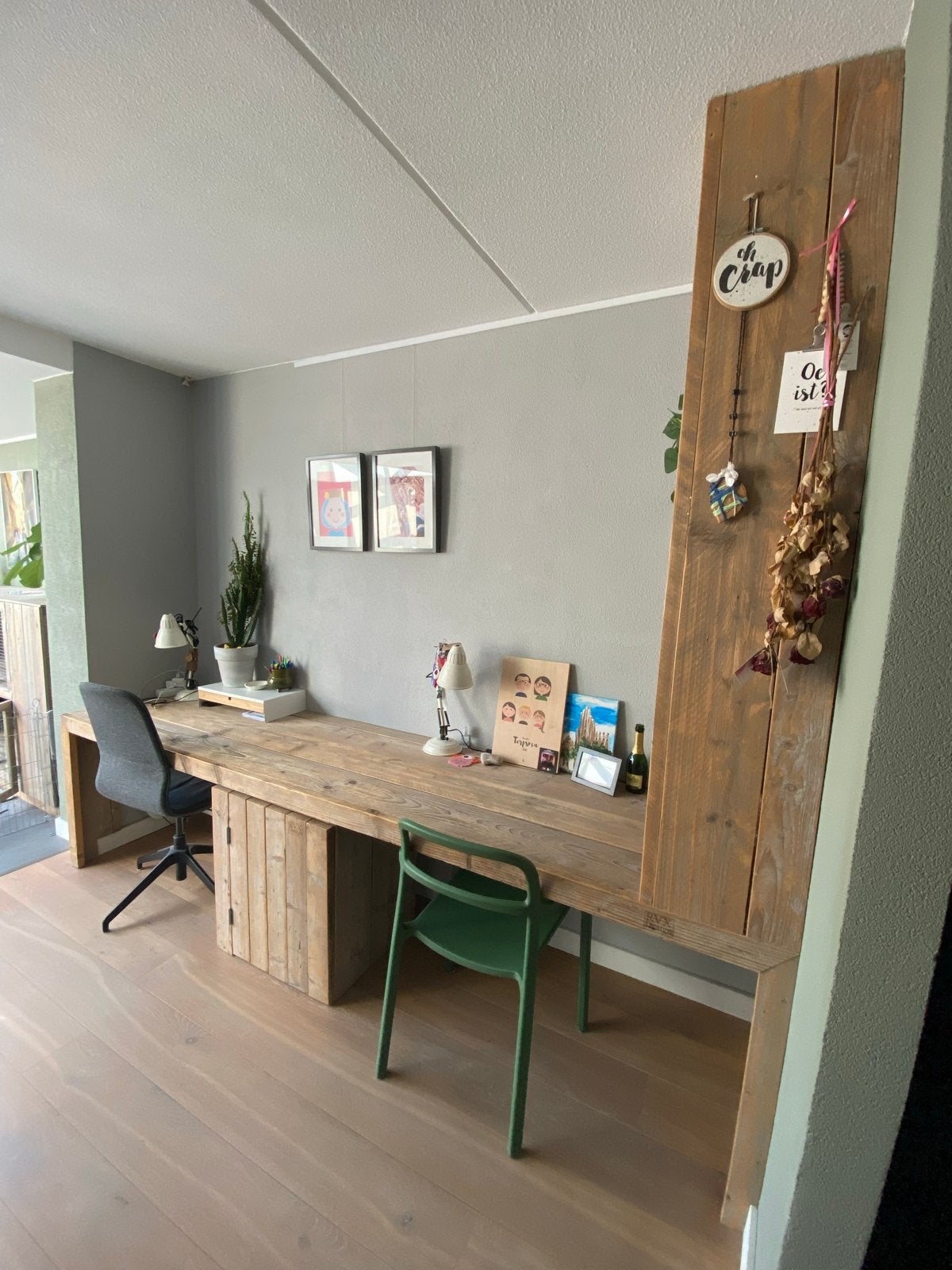 Steigerhouten bureau met kastje, op maat te maken, Ophalen, Opbergruimte, Gebruikt, 298 cm