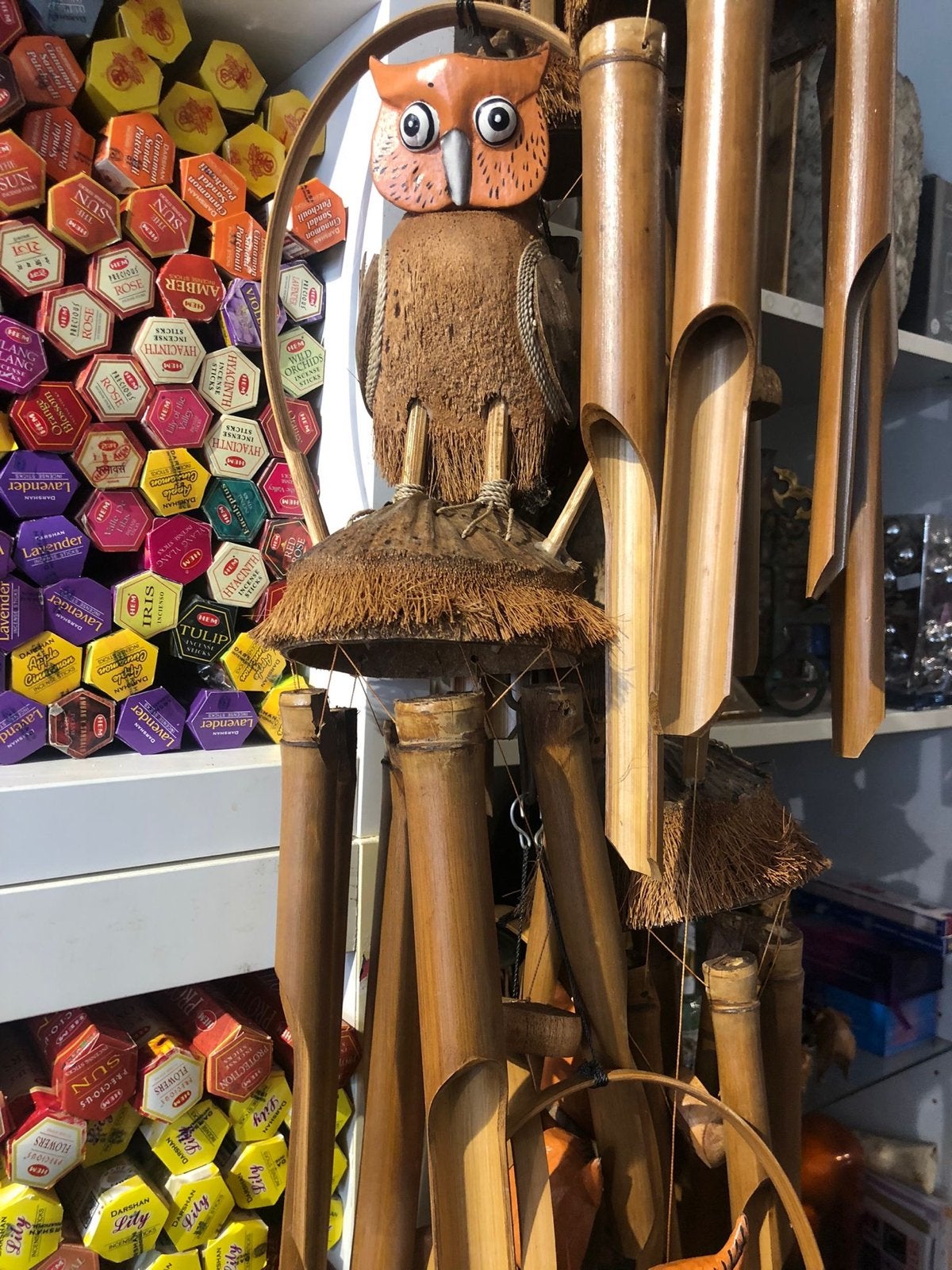 Uilen windgong van bamboe - Unieke decoratie, D, Overige stijlen, Ophalen of Verzenden, Zo goed als nieuw