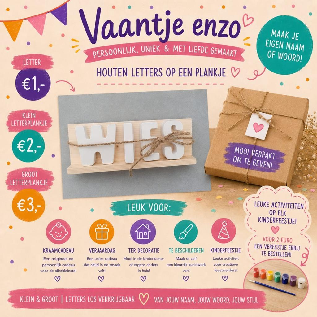 Gepersonaliseerd Letterplankje - Houten Letters op Plankje, Hout, Overige stijlen, Nieuw, Ophalen of Verzenden