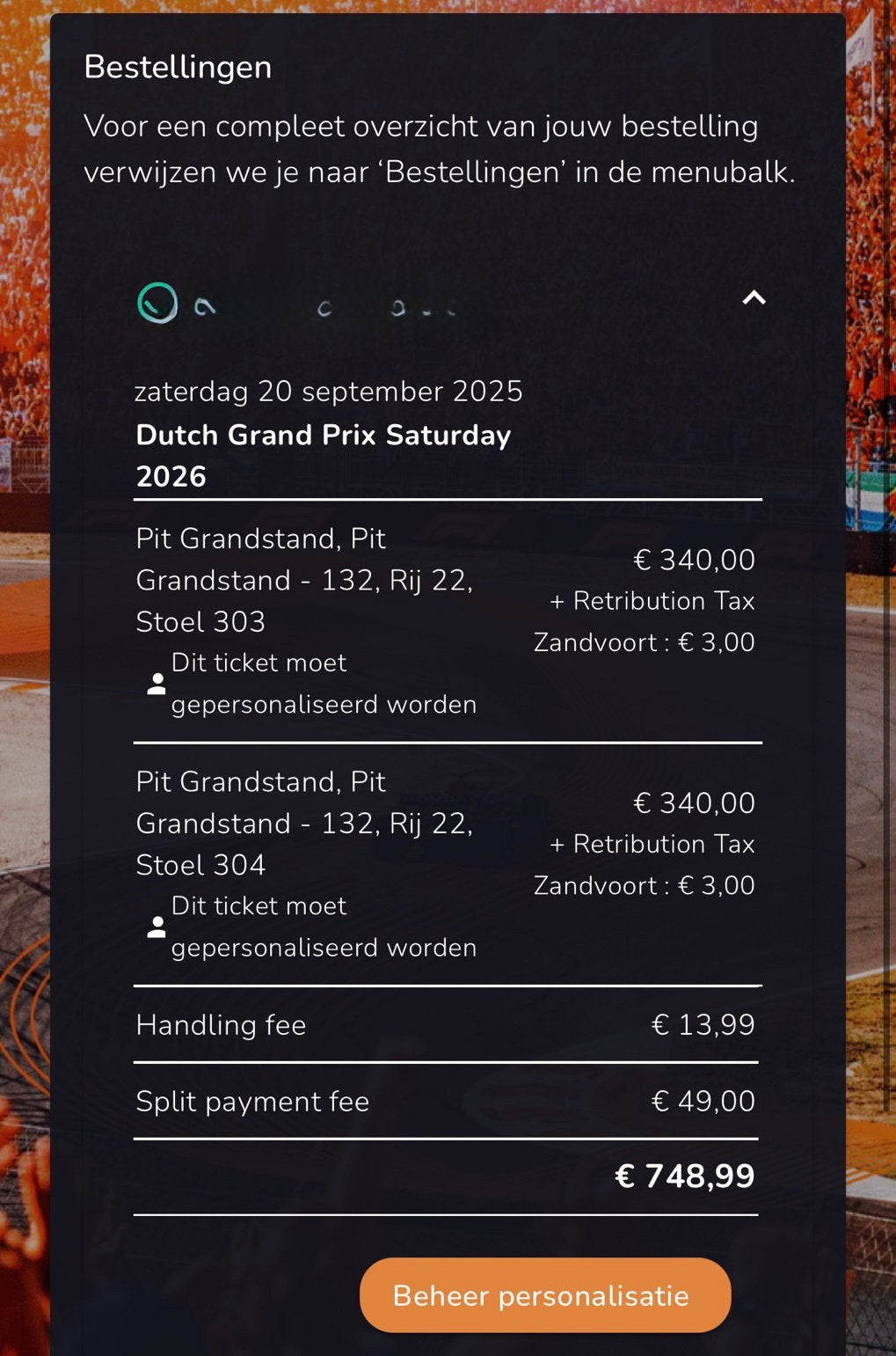 2 kaarten voor Zaterdag F1 zandvoort Pit Grandstand, Tickets en Kaartjes, Twee personen
