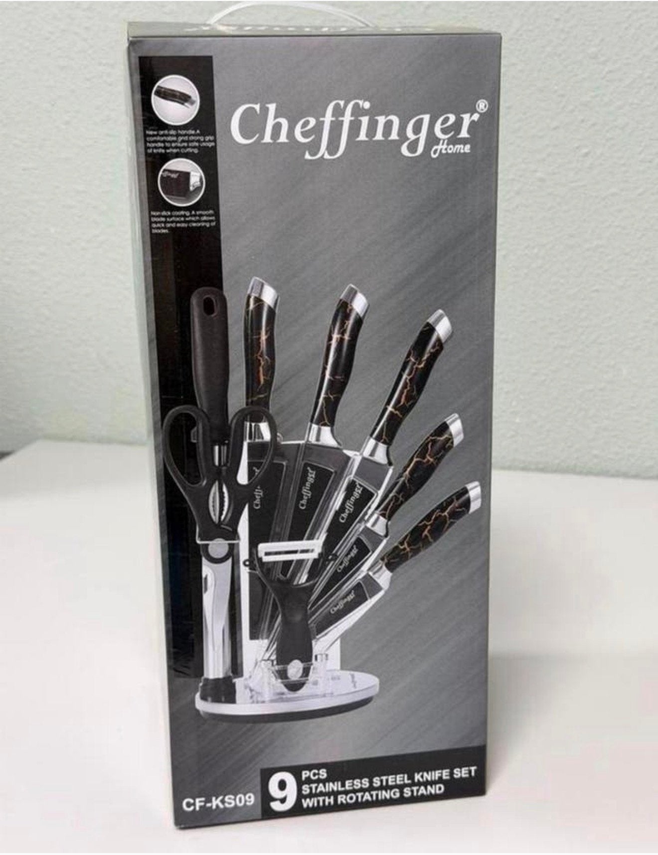 Cheffinger Messenset + voet 9-delig Zwart Rosé Goud Marmer, Huis en Inrichting, Keuken | Bestek, Nieuw, Ophalen of Verzenden, H