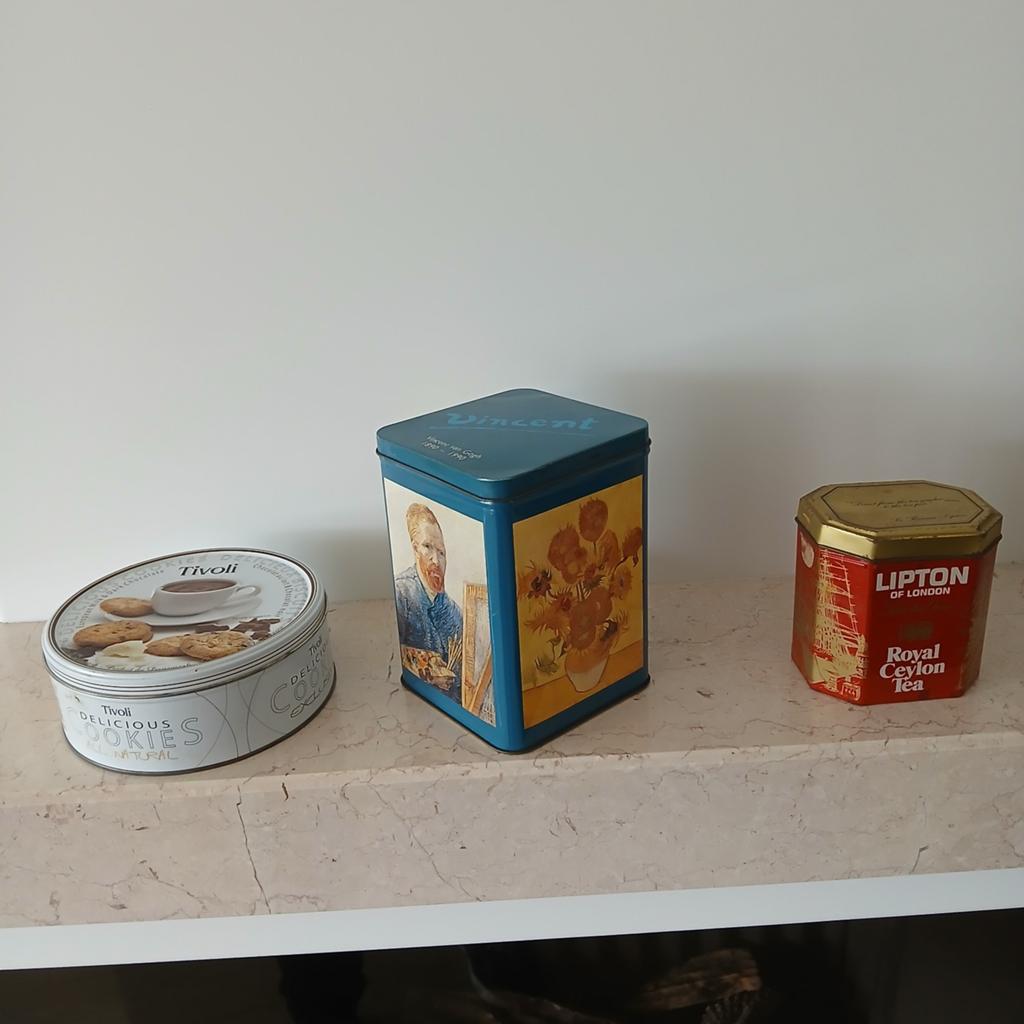 Set van 3 decoratieve blikken: Tivoli, Van Gogh, Lipton, Ophalen of Verzenden, Gebruikt, Koek(jes), Overige merken